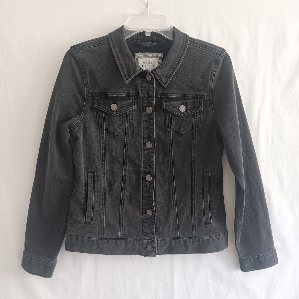 Market Spruce Denim Jacket Womens Small Black Excellent Stretch Trucker Coat